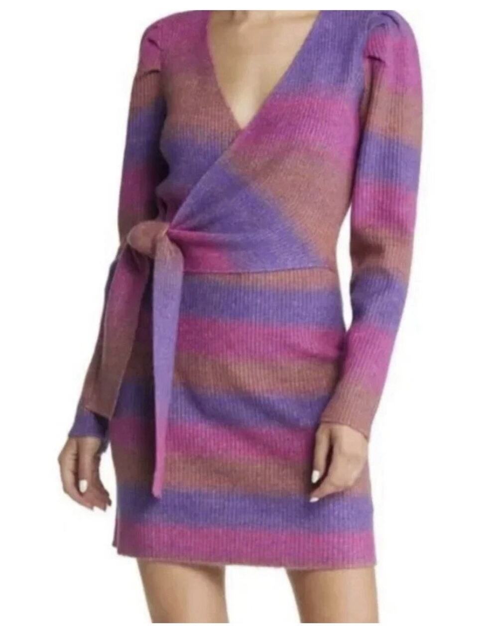 Adelyn Rae Sweater Faux Wrap Dress Sz S Purple Ombre Side Tie V Neck Puff Slv